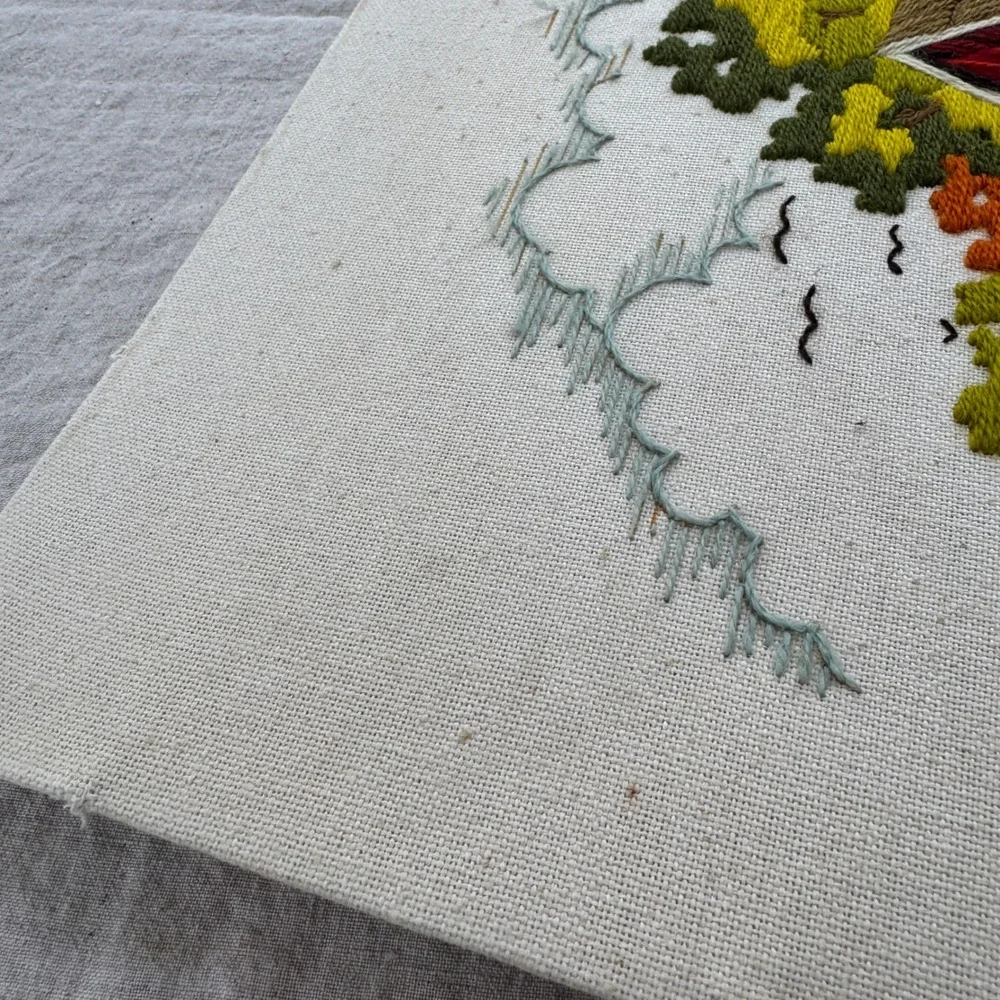 Vintage Sunset Designs Crewel Embroidery 16x20 Fall Trees Covered Bridge Haitian